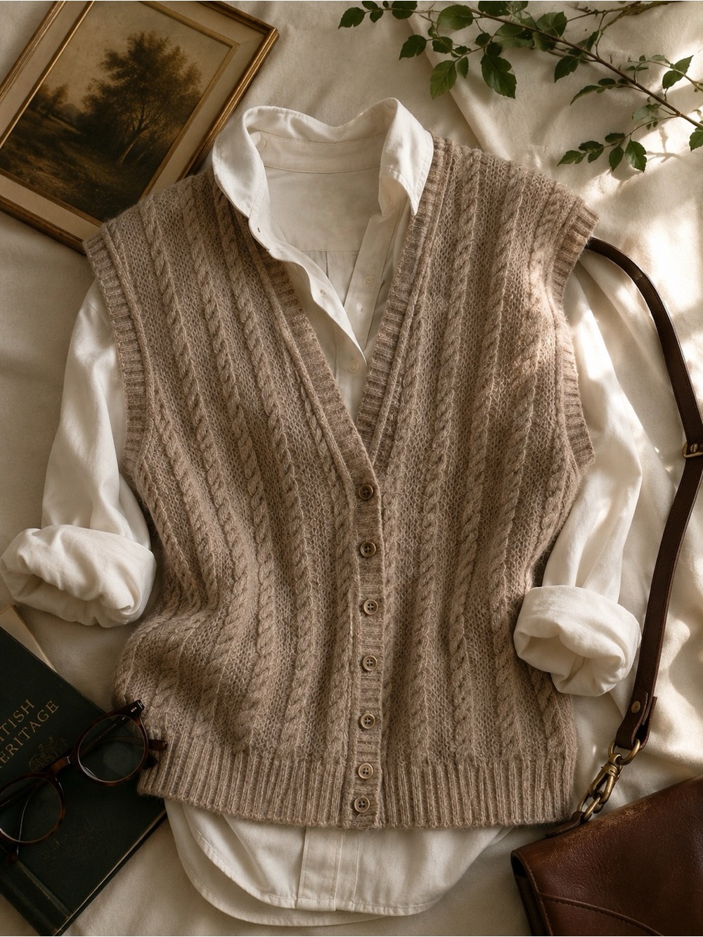 Vintage Jaeger Cable Knit Wool Blend Sweater Vest Cardigan Beige L